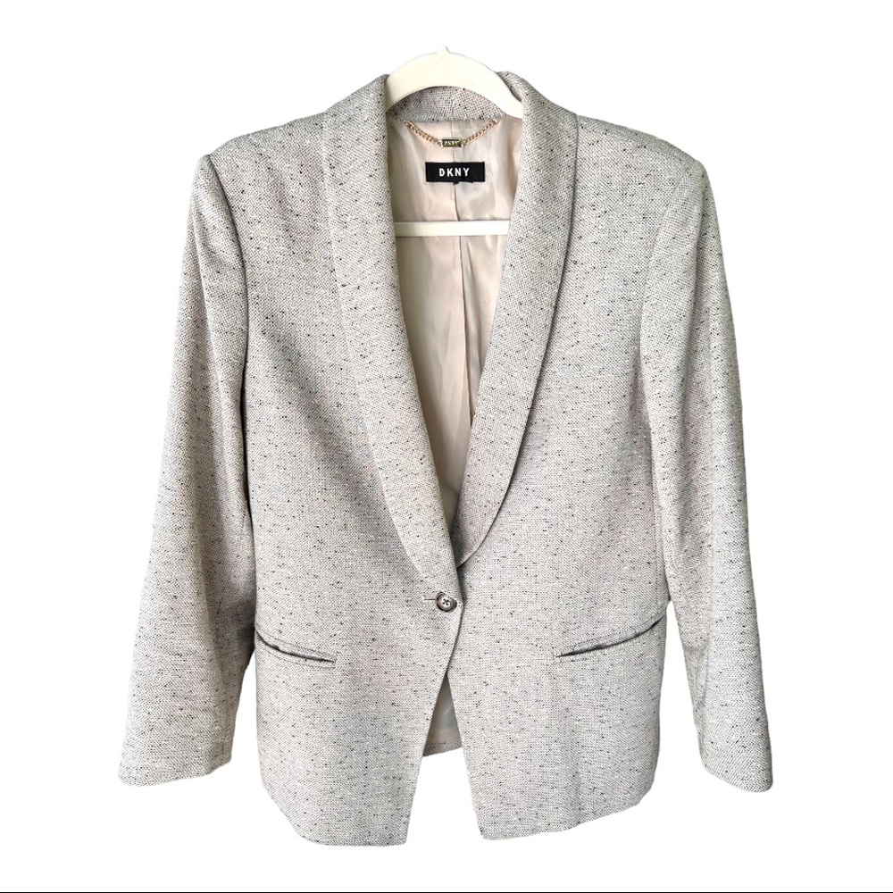 DKNY Blazer Womens Size M Tan Grey One Button Up Business Casual Chic